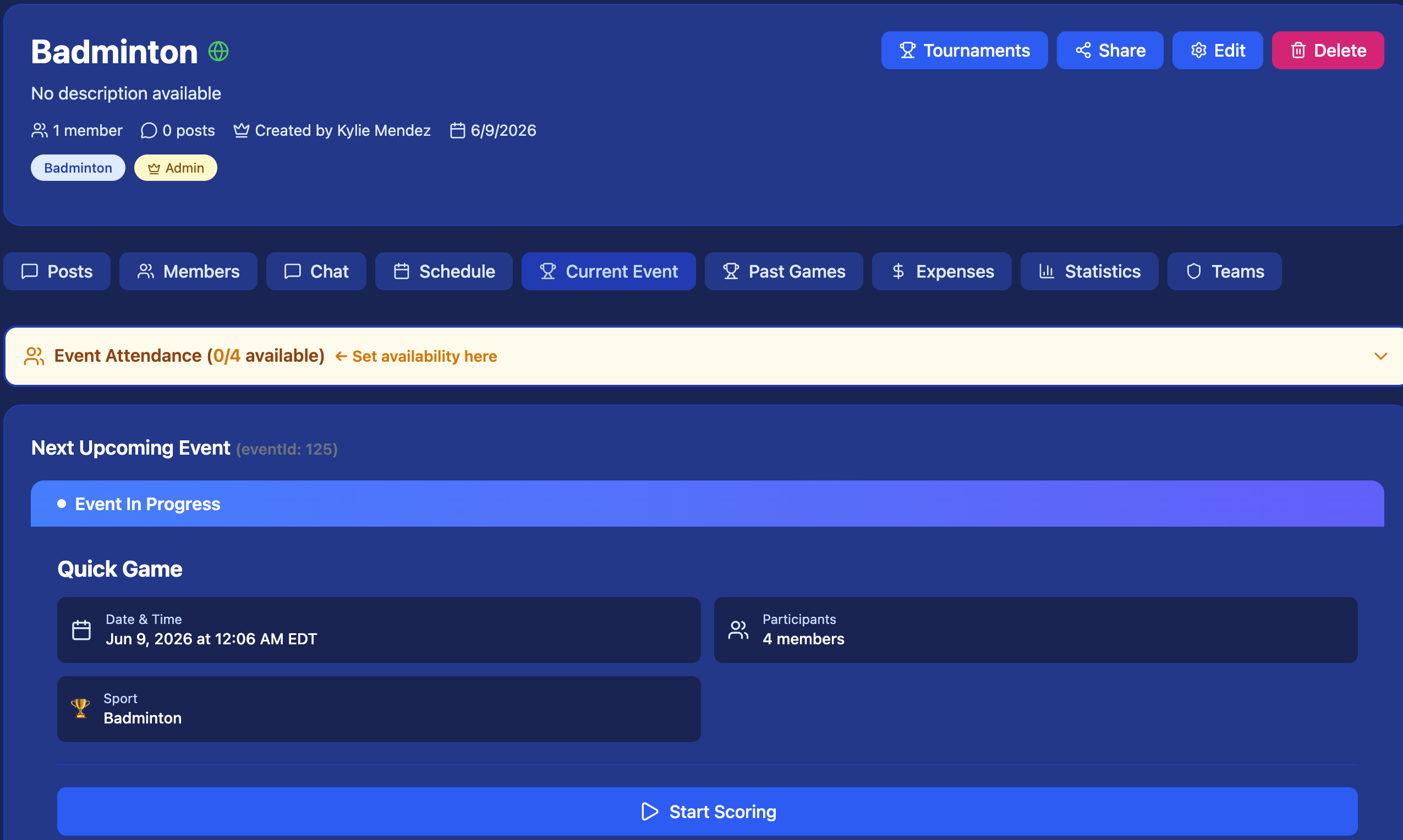 Squad Current Event screen — Event In Progress with Start Scoring button