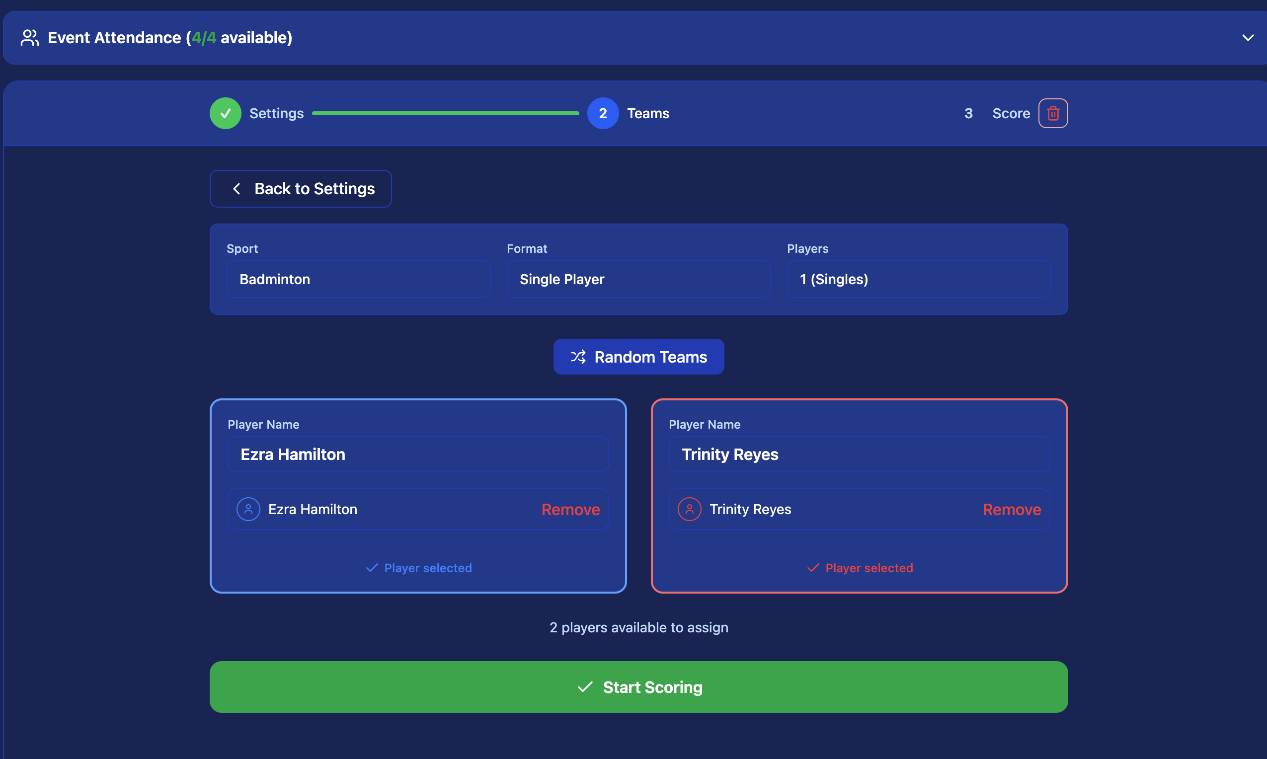 Player Selection screen — Random Teams button, players assigned to each side
