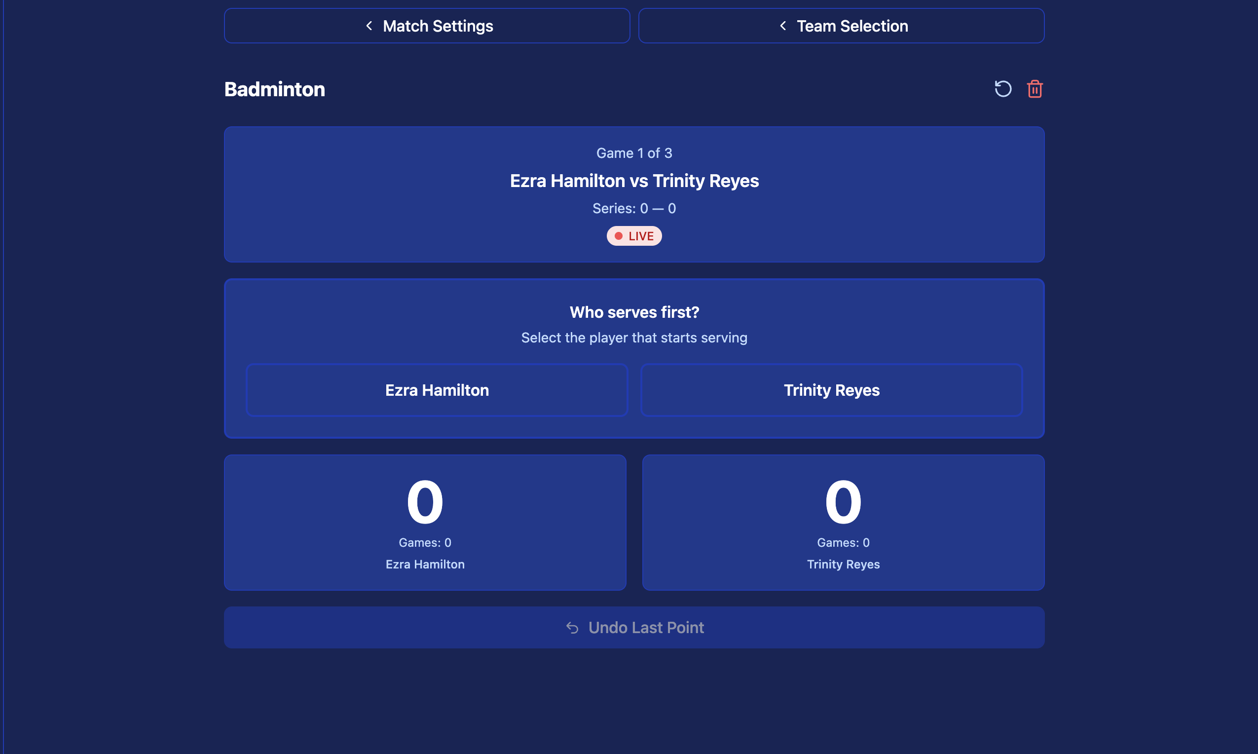 Who serves first — select the player that starts serving to begin Game 1