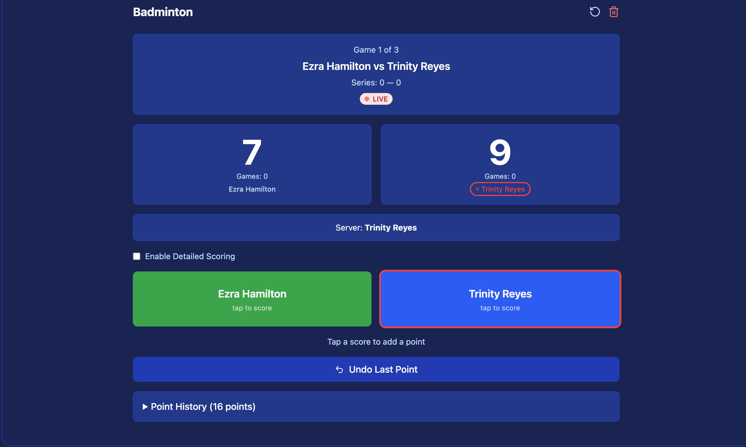 Live Scoring — tap a player's name to add a rally point; current server highlighted