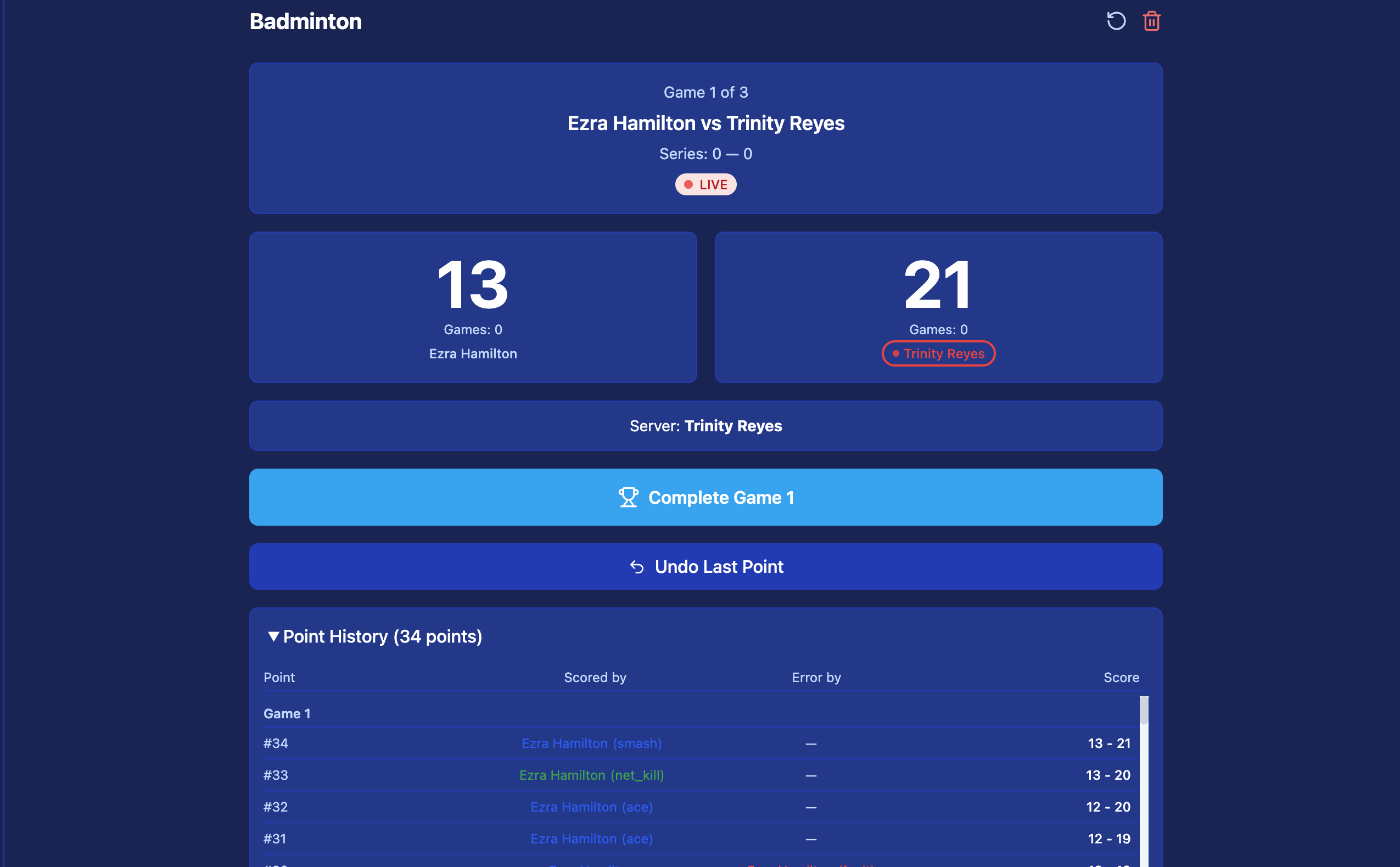 Point History panel — every rally listed with shot type (smash, ace, net kill) scored by and running score