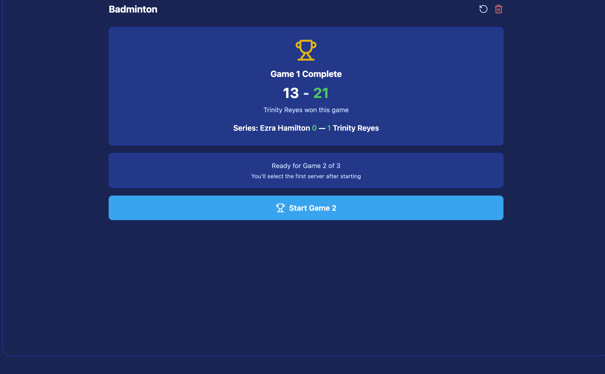Game Complete screen — game result with series score and Start Next Game button