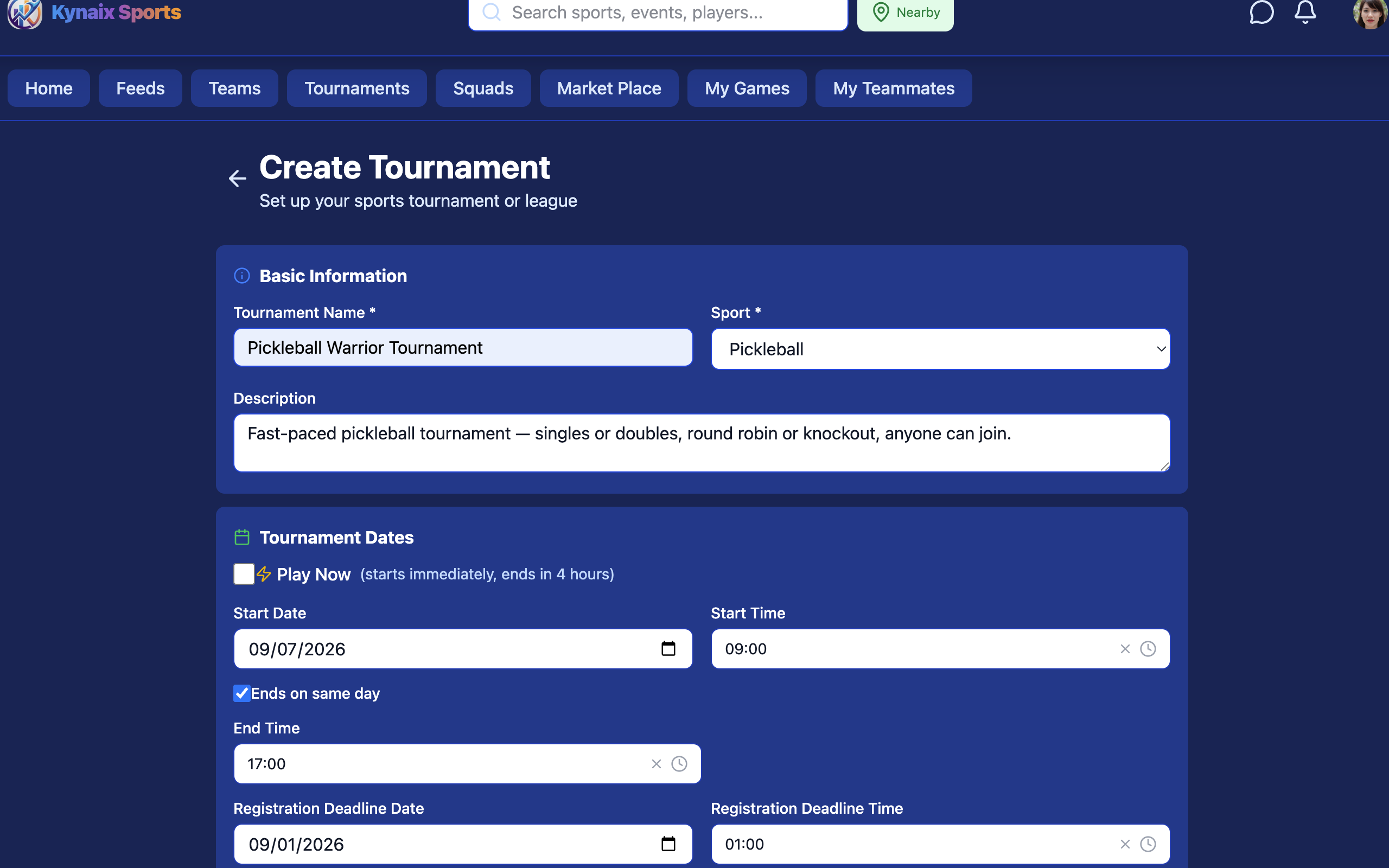 Create Tournament form showing tournament name, sport selector, description, and date fields with registration deadline