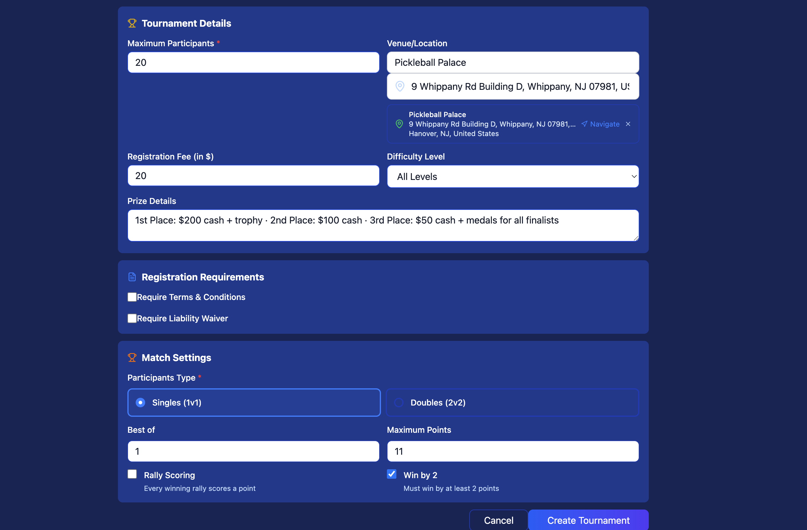 Tournament details form showing max participants, venue location, prize details, registration requirements, and match settings