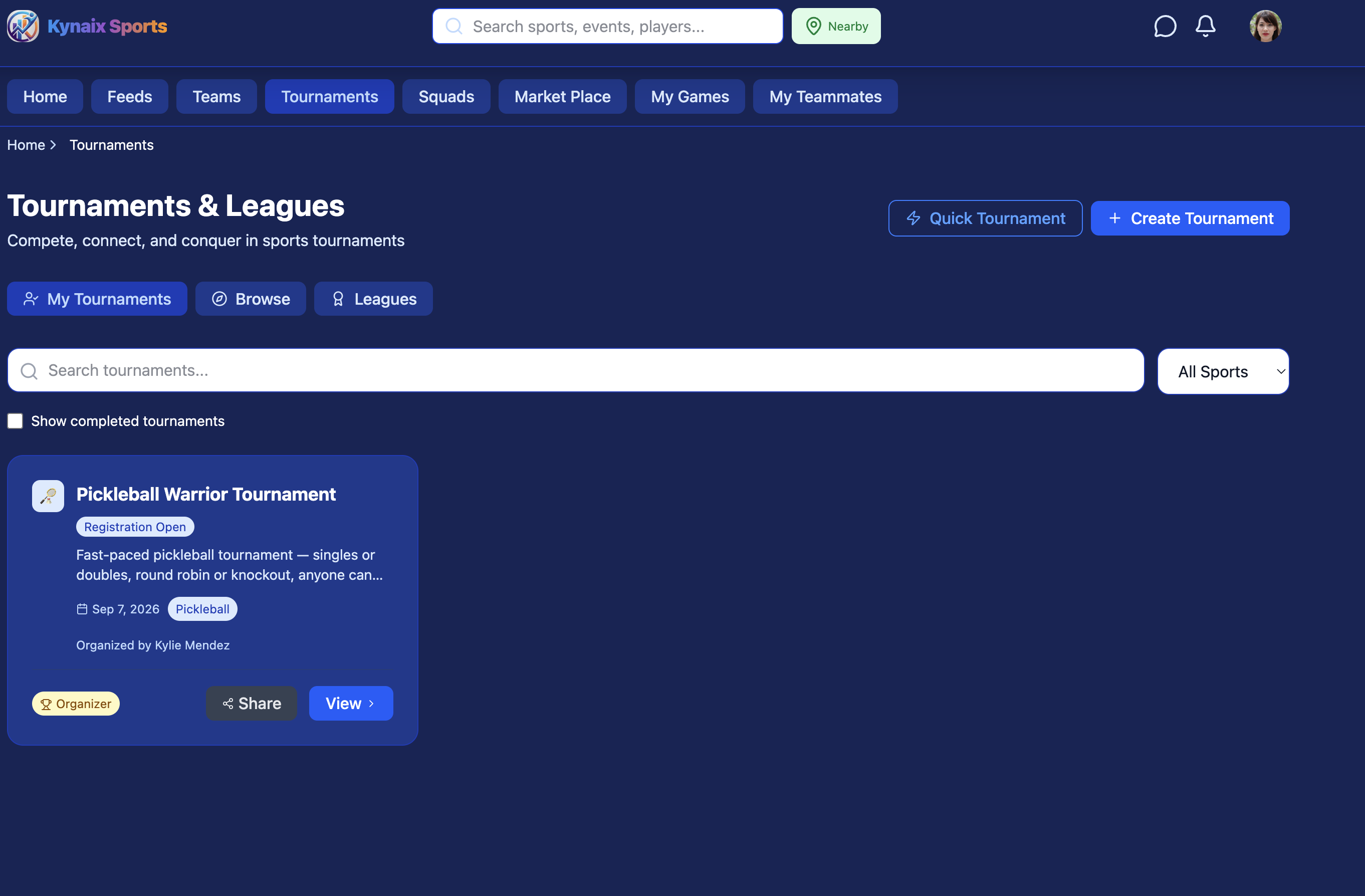 Tournaments list page showing the newly created Pickleball Warrior Tournament card with Registration Open badge and organizer controls