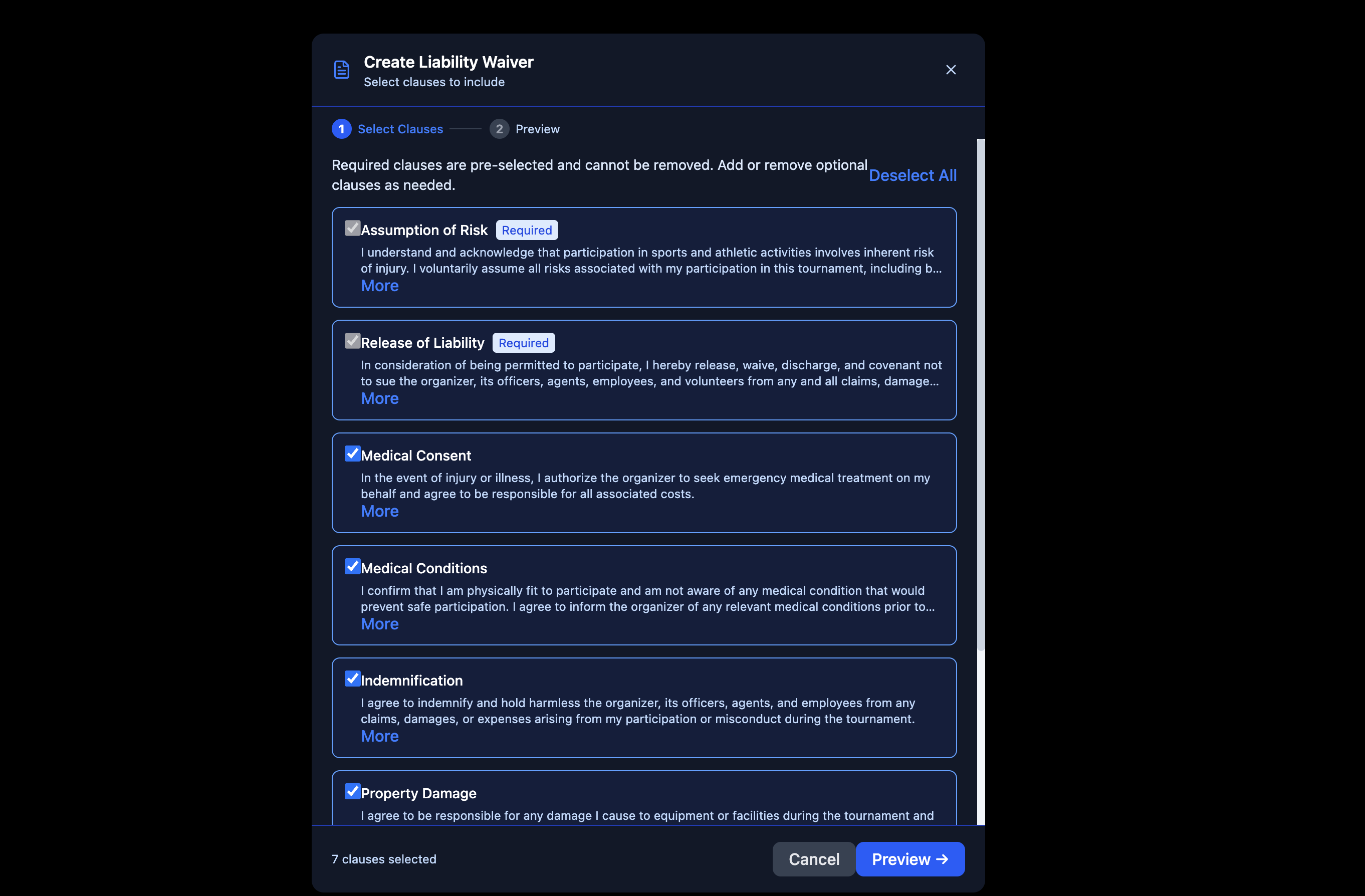 Create Liability Waiver modal — clause selection step showing Assumption of Risk, Release of Liability, Medical Consent, Medical Conditions, Indemnification, and Property Damage clauses