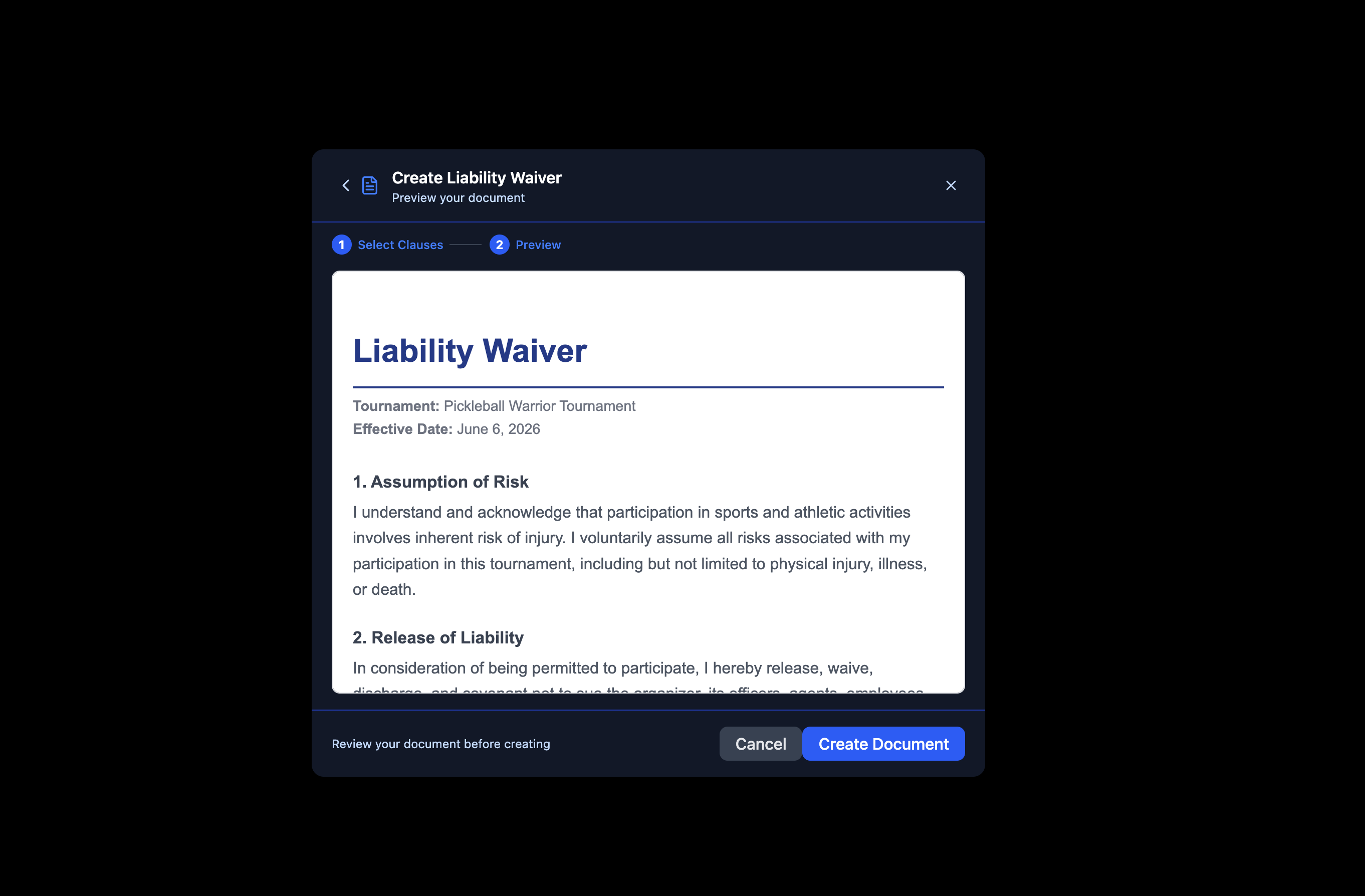 Create Liability Waiver modal — preview step showing the completed waiver document with tournament name, effective date, and all selected legal clauses before creating