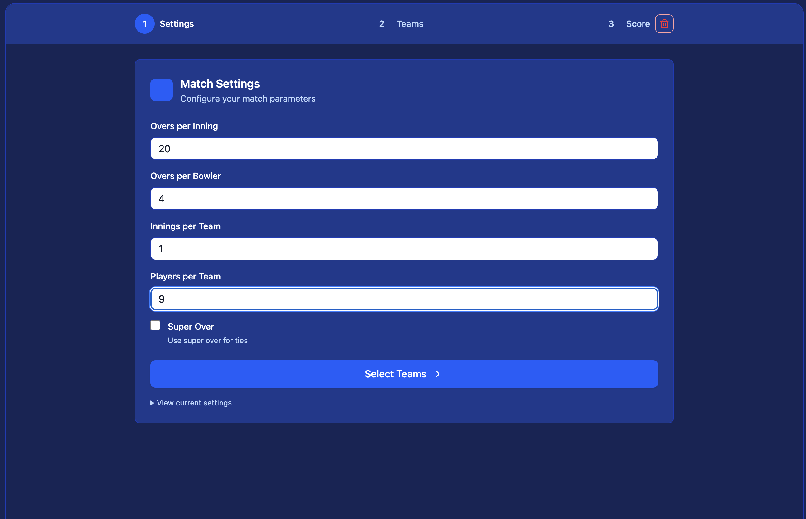 Match Settings — configure overs per inning, overs per bowler, innings per team, players per team, and super over option