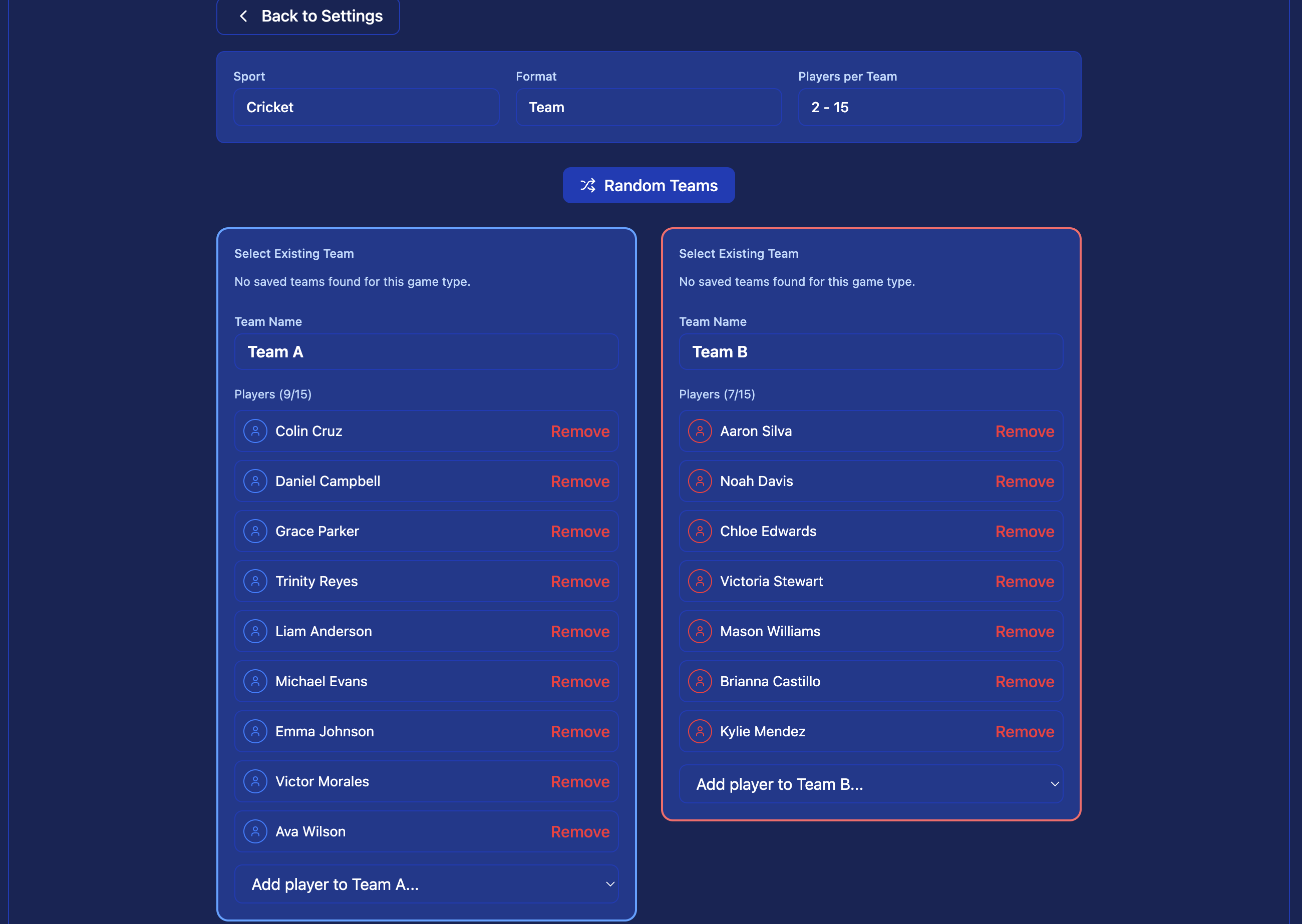 Team selection screen — assign players to Team A and Team B from the tournament roster