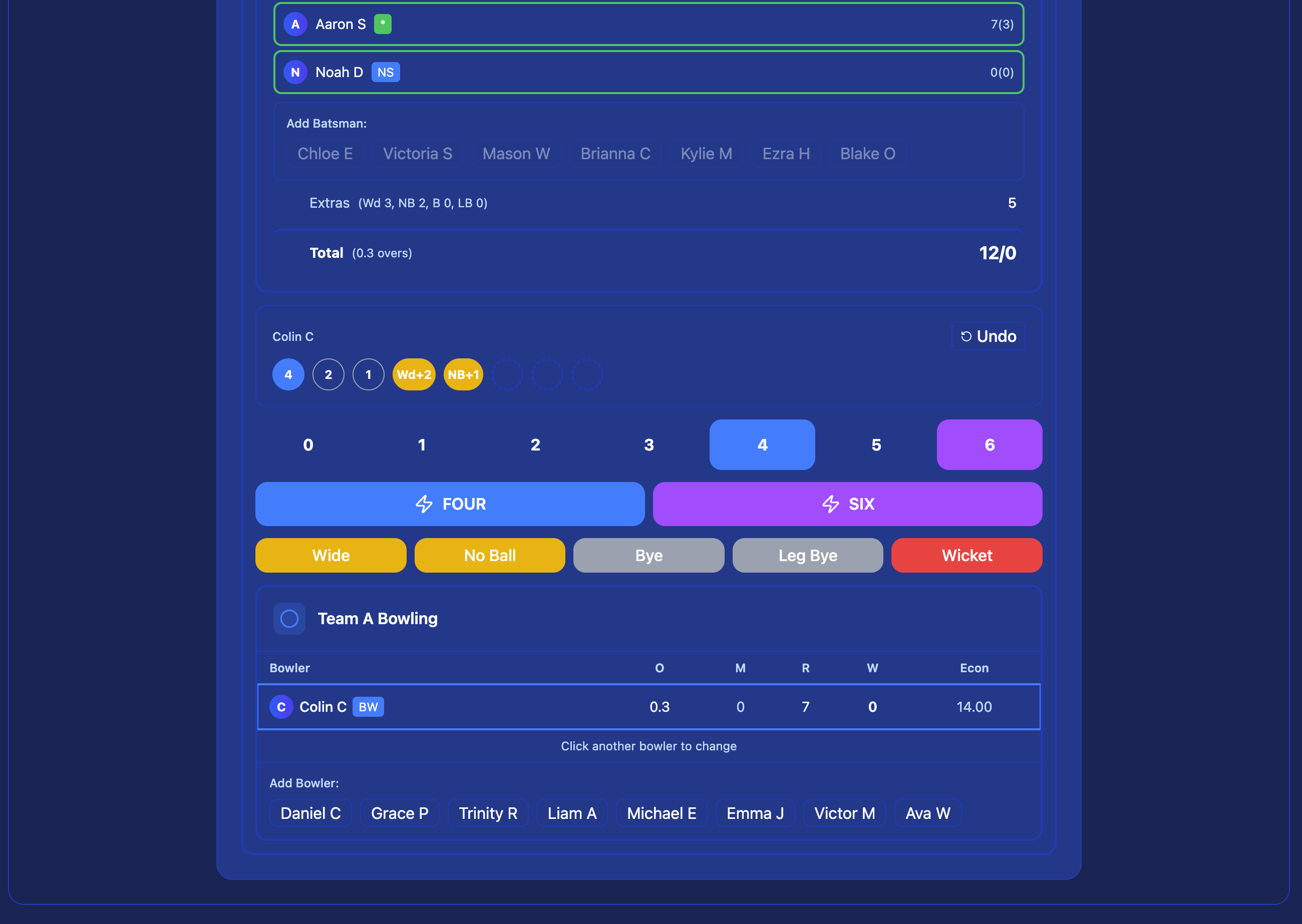 Live scoring with bowler stats panel — current over balls, maiden overs, runs conceded, wickets, economy rate