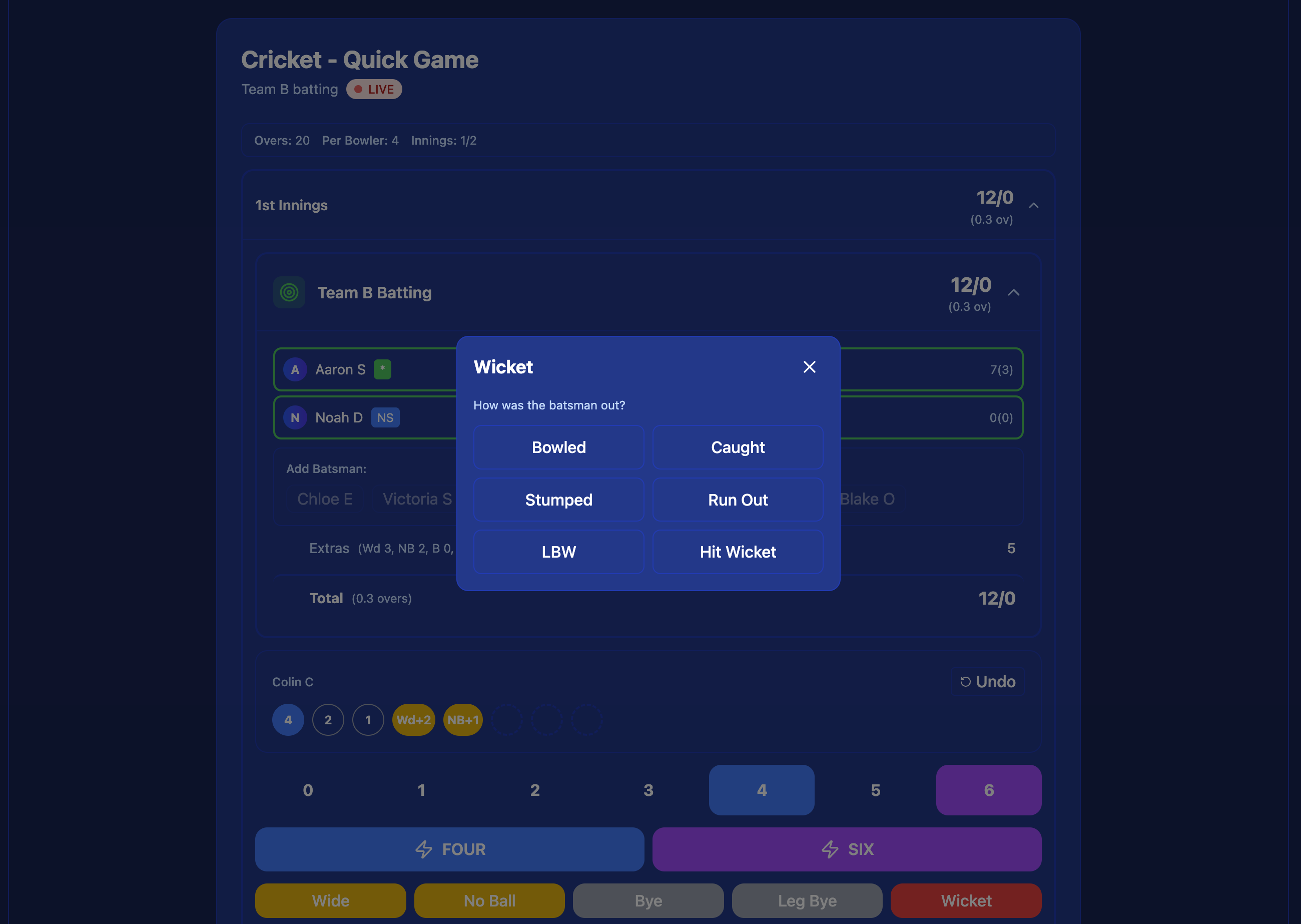 Wicket modal — select dismissal type: Bowled, Caught, Stumped, Run Out, LBW, or Hit Wicket