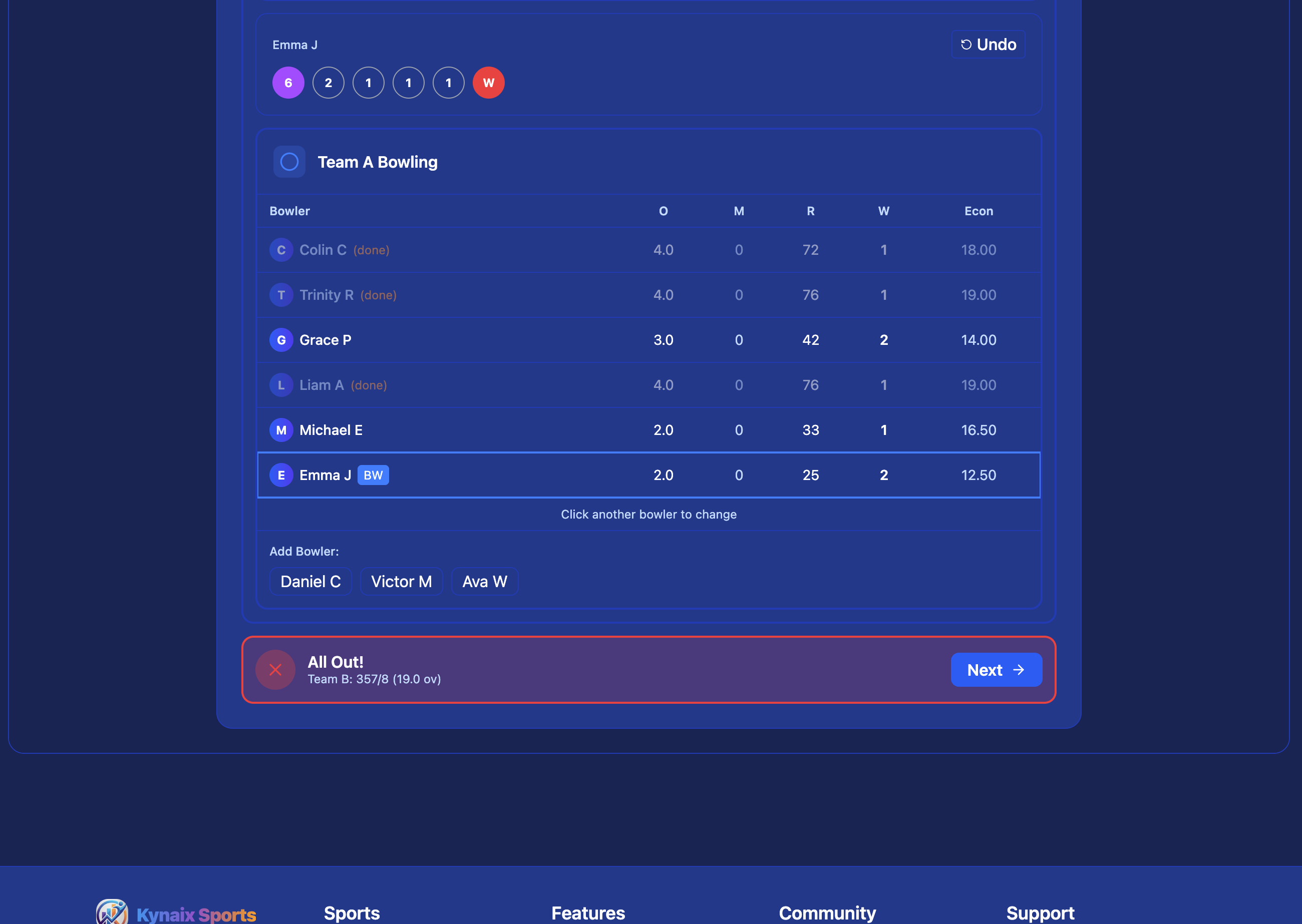 All Out — Team B 357/8 after 19 overs, bowling stats for all bowlers, Next button to proceed