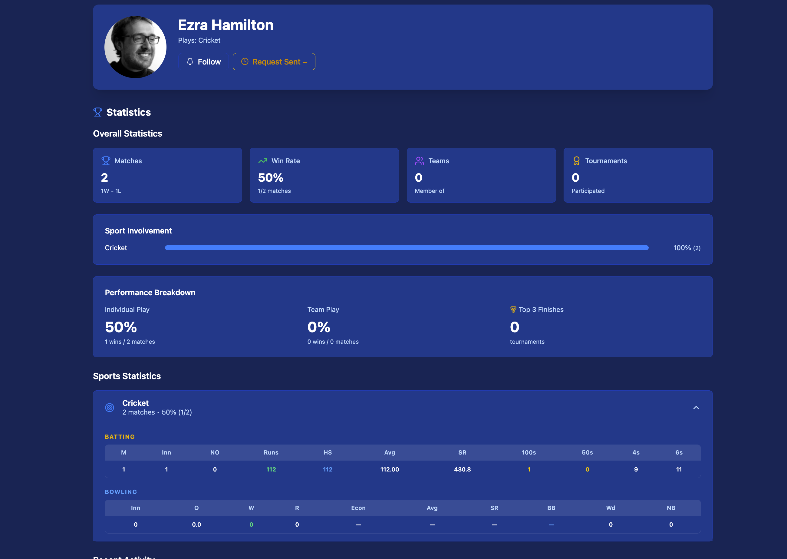 Player statistics page showing cricket batting stats (matches, innings, runs, highest score, average, strike rate, 100s, 50s, 4s, 6s) and bowling stats (innings, overs, wickets, runs, economy, average, SR, BB)