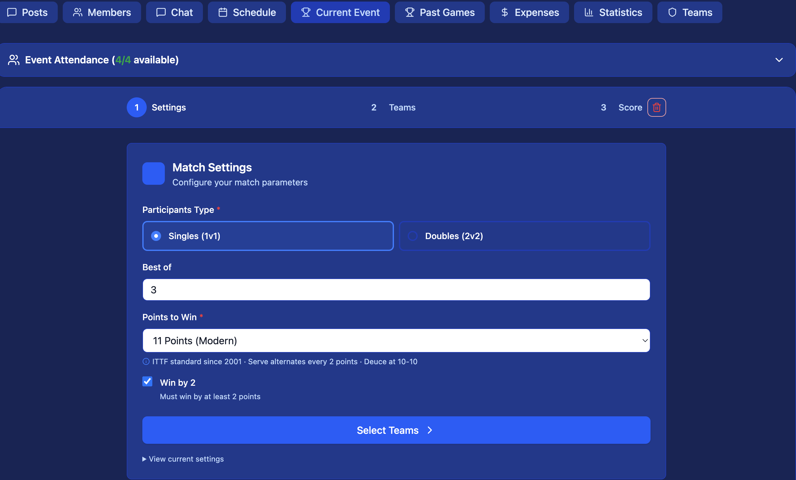 Player Selection screen — players assigned to each side
