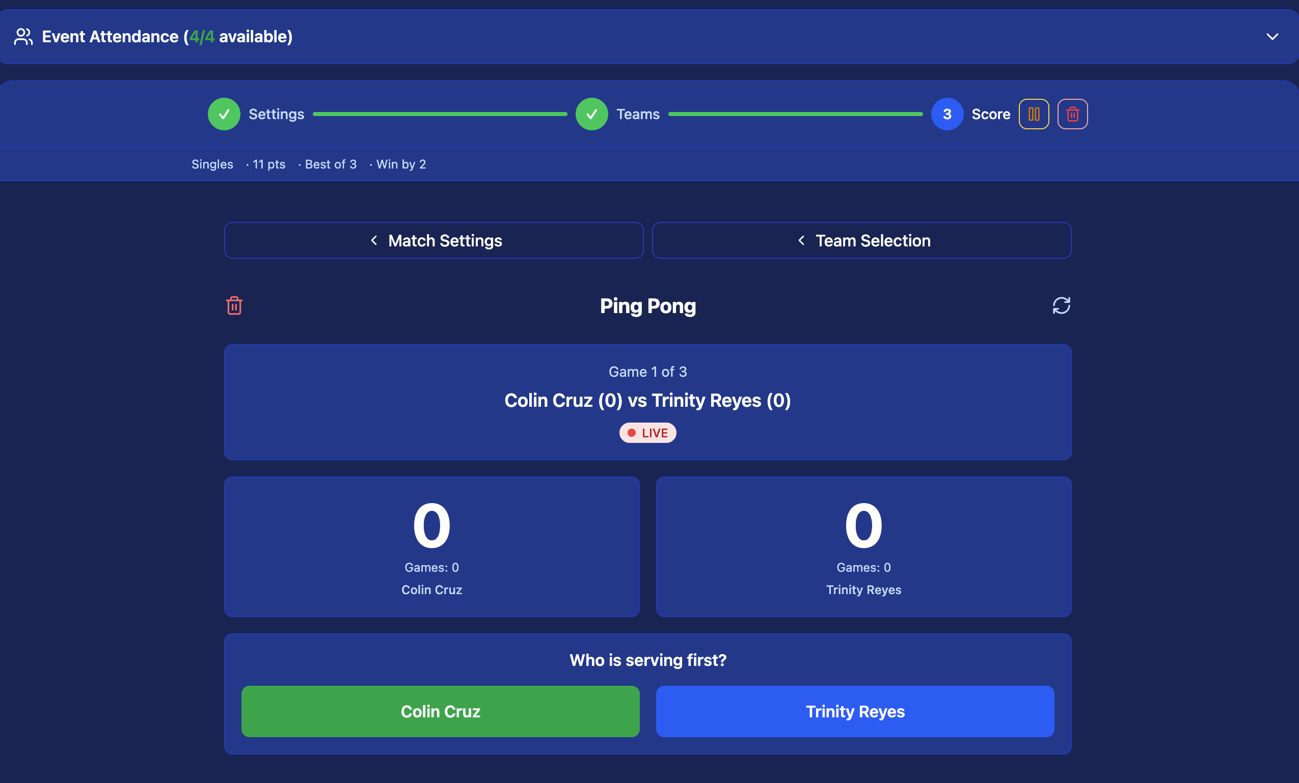 Live Scoring — tap a player's name to add a rally point; current server highlighted