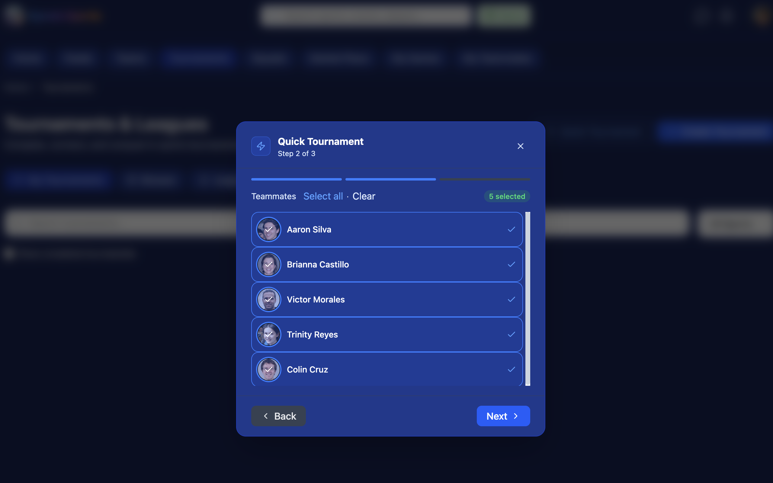 Quick Tournament Step 2 of 3 showing teammate selection with Aaron Silva, Brianna Castillo, Victor Morales, Trinity Reyes, and Colin Cruz all selected
