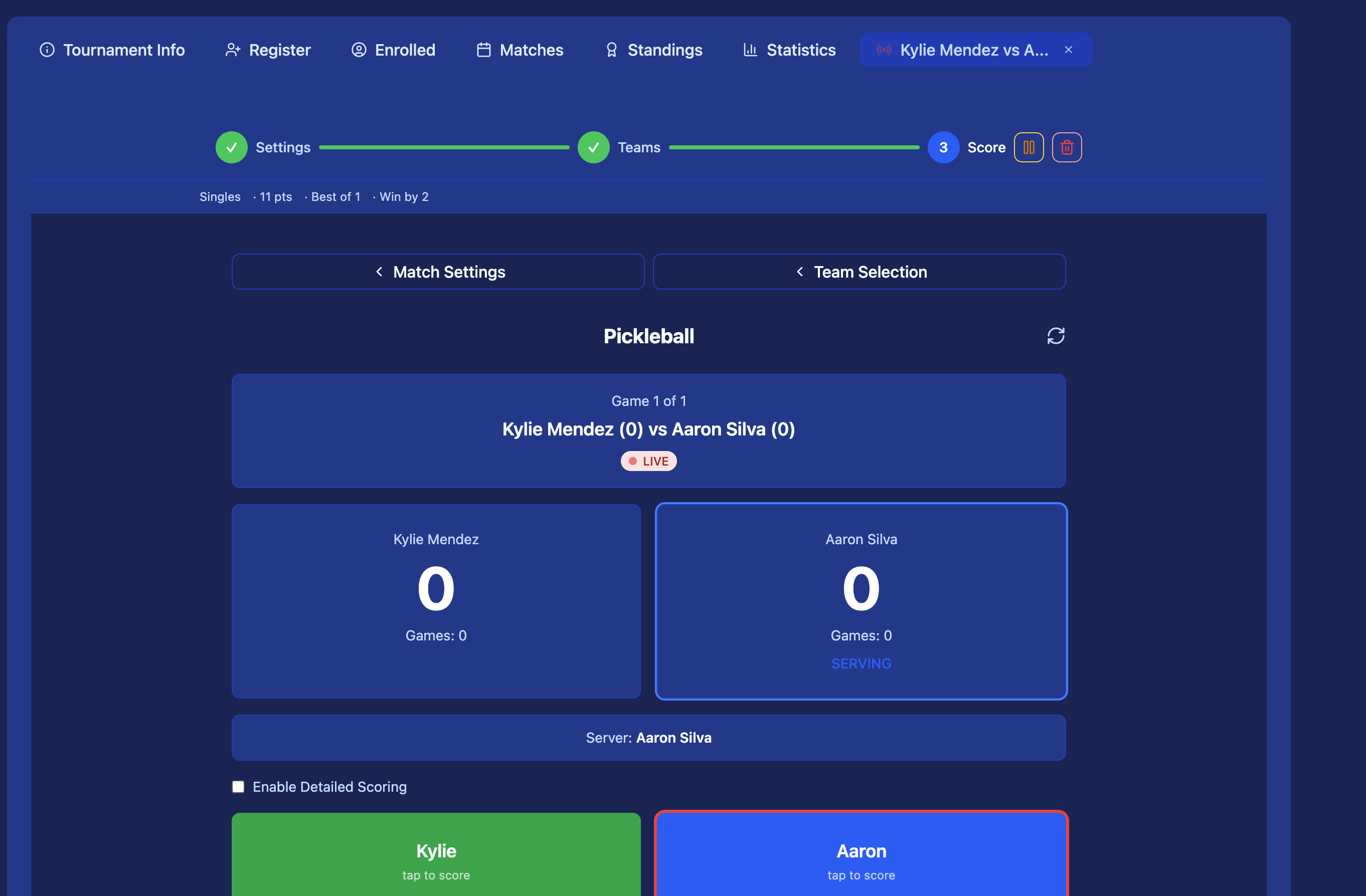 Live scoring screen showing Kylie Mendez (0) vs Aaron Silva (0) — Aaron is serving, tap Kylie or Aaron button to award a point