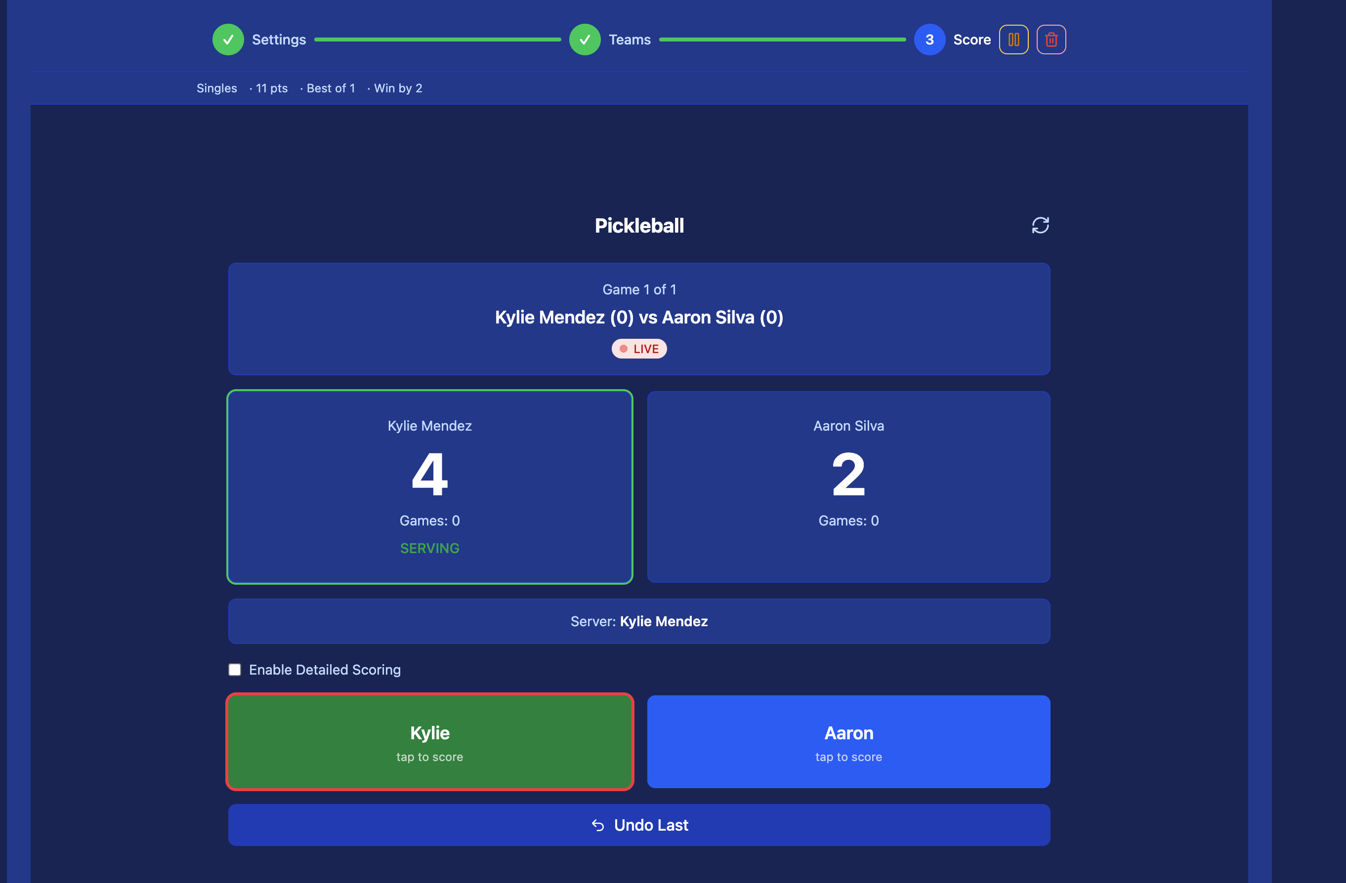 Live scoring screen showing Kylie Mendez 4 vs Aaron Silva 2 — Kylie is now serving, Undo Last button available