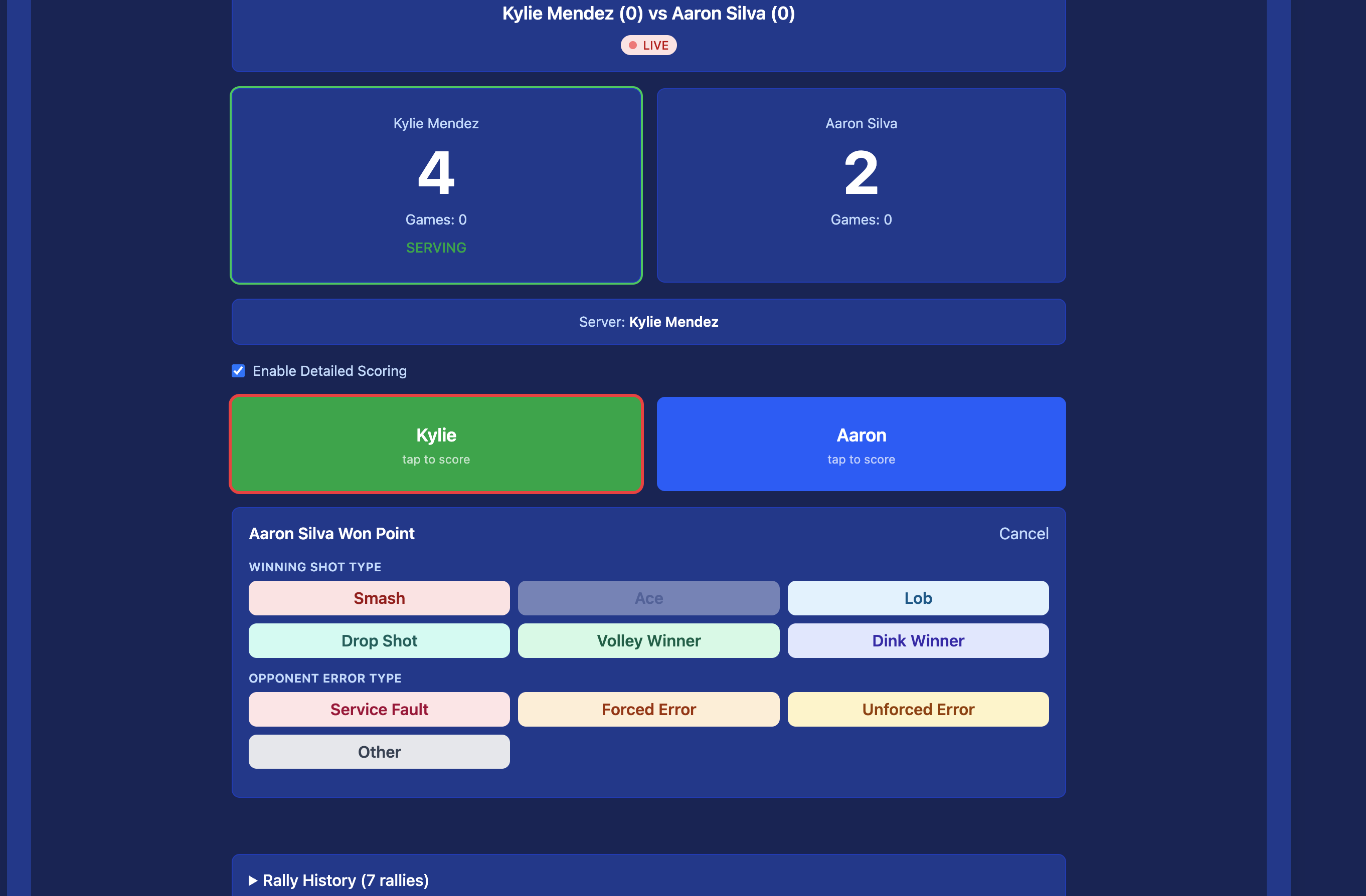 Detailed scoring panel with Enable Detailed Scoring checked — select Winning Shot Type (Smash, Ace, Lob, Drop Shot, Volley Winner, Dink Winner) or Opponent Error Type (Service Fault, Forced Error, Unforced Error)