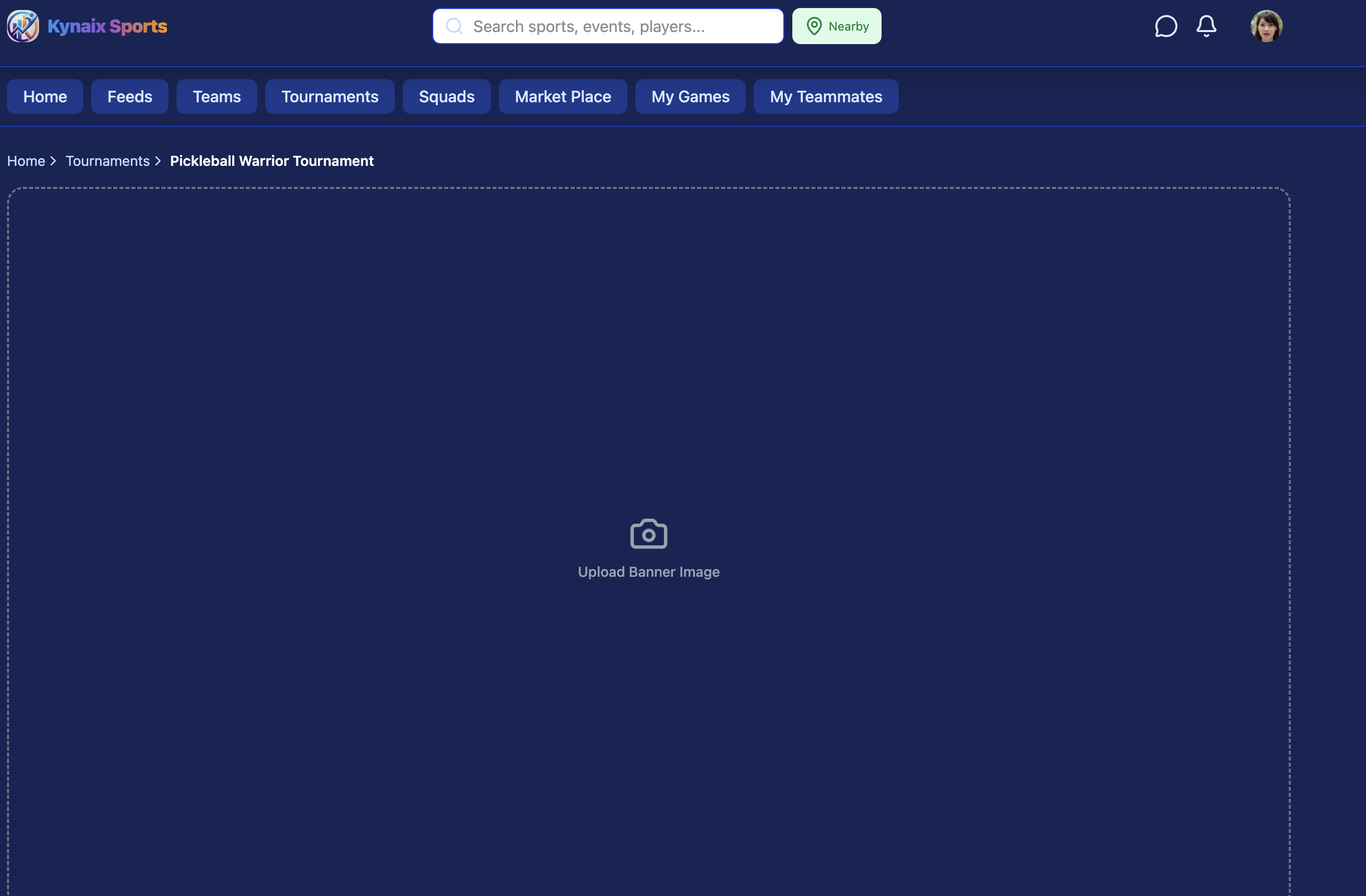 Tournament page showing empty banner upload zone — tap to upload your banner image