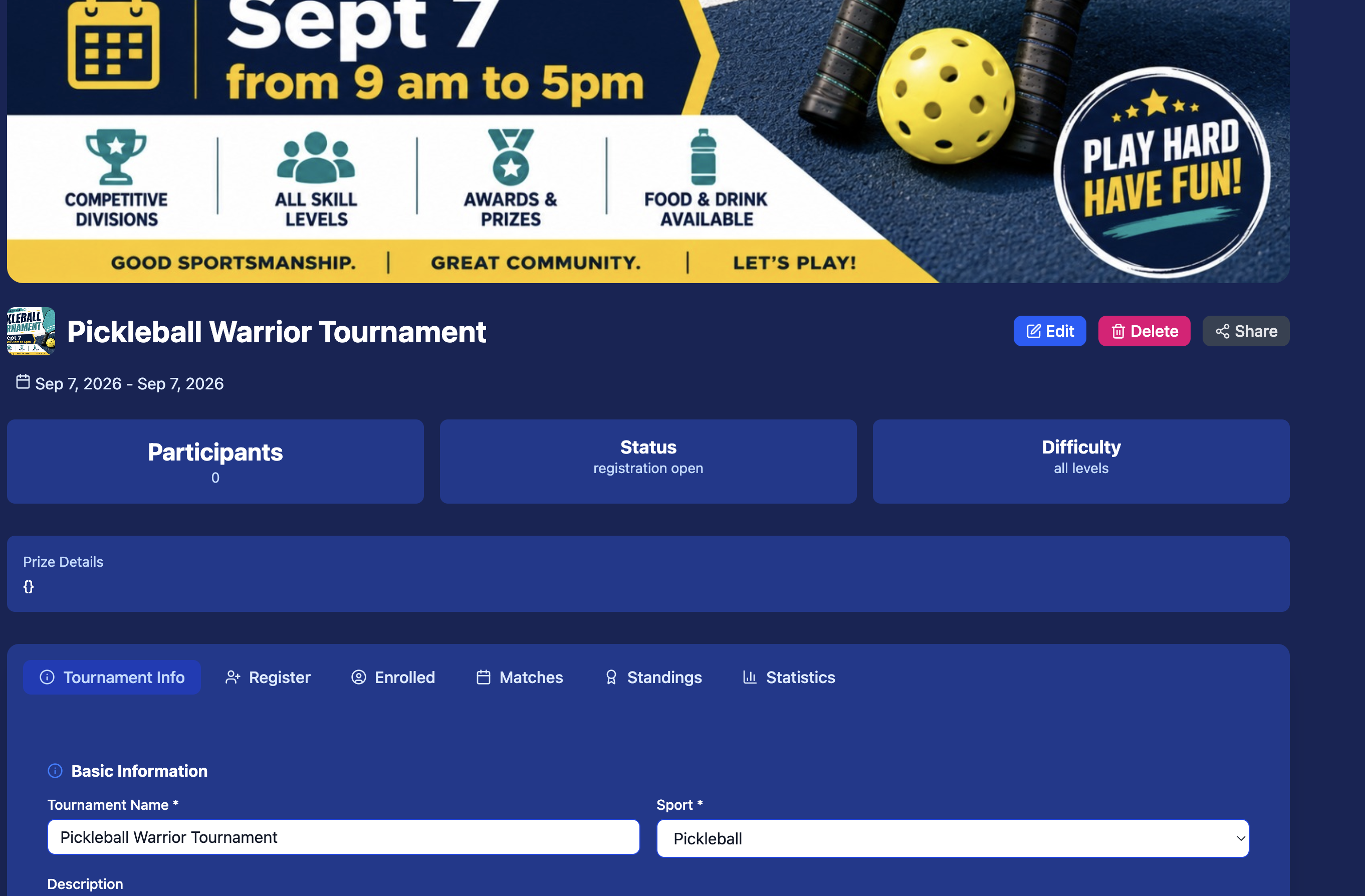 Tournament page showing the uploaded banner and Edit button to update tournament details