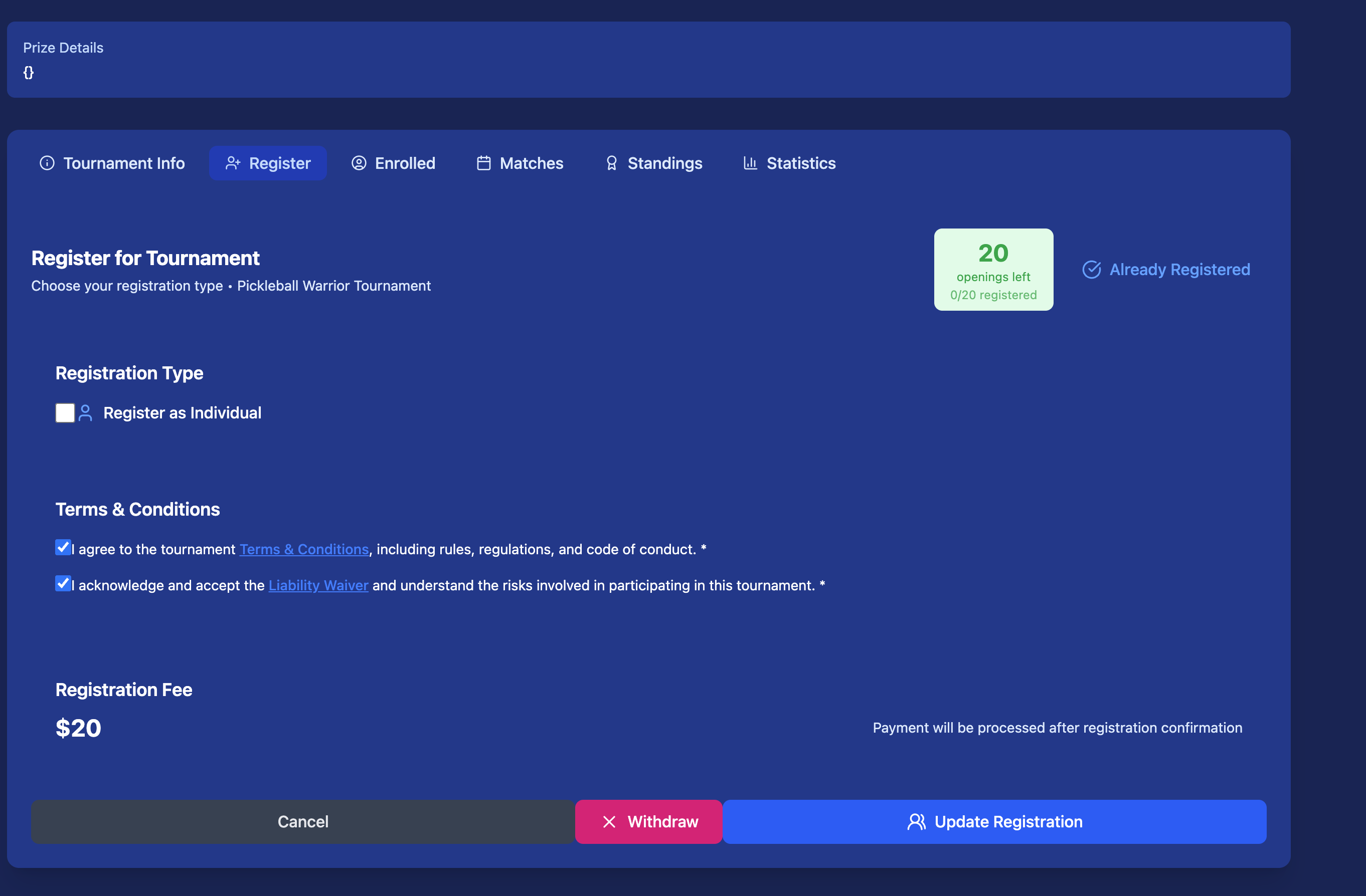Register for Tournament page — participant chooses registration type and sees registration fee of $20