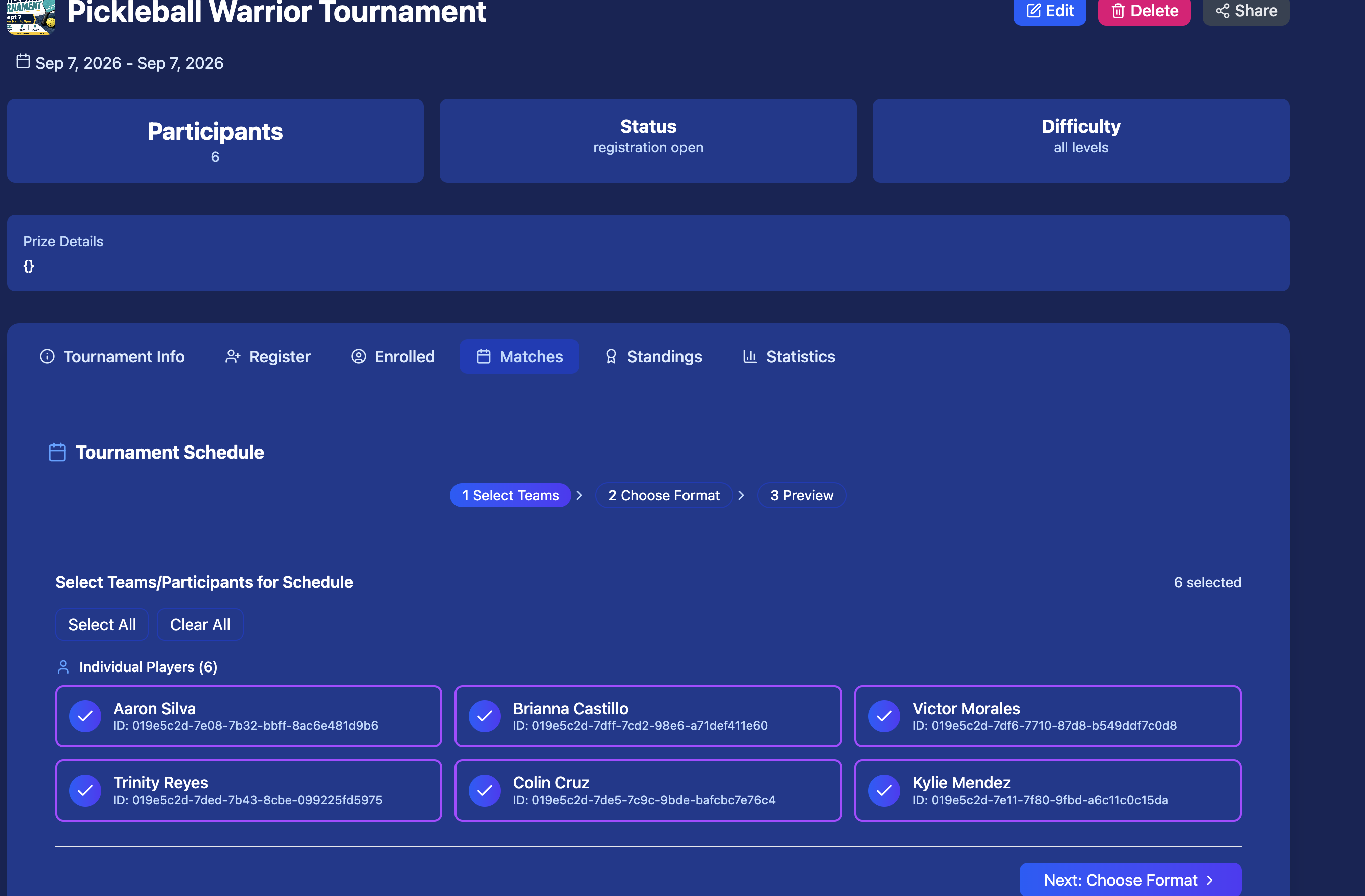 Step 1 — Select Teams: all 6 participants checked and ready for scheduling