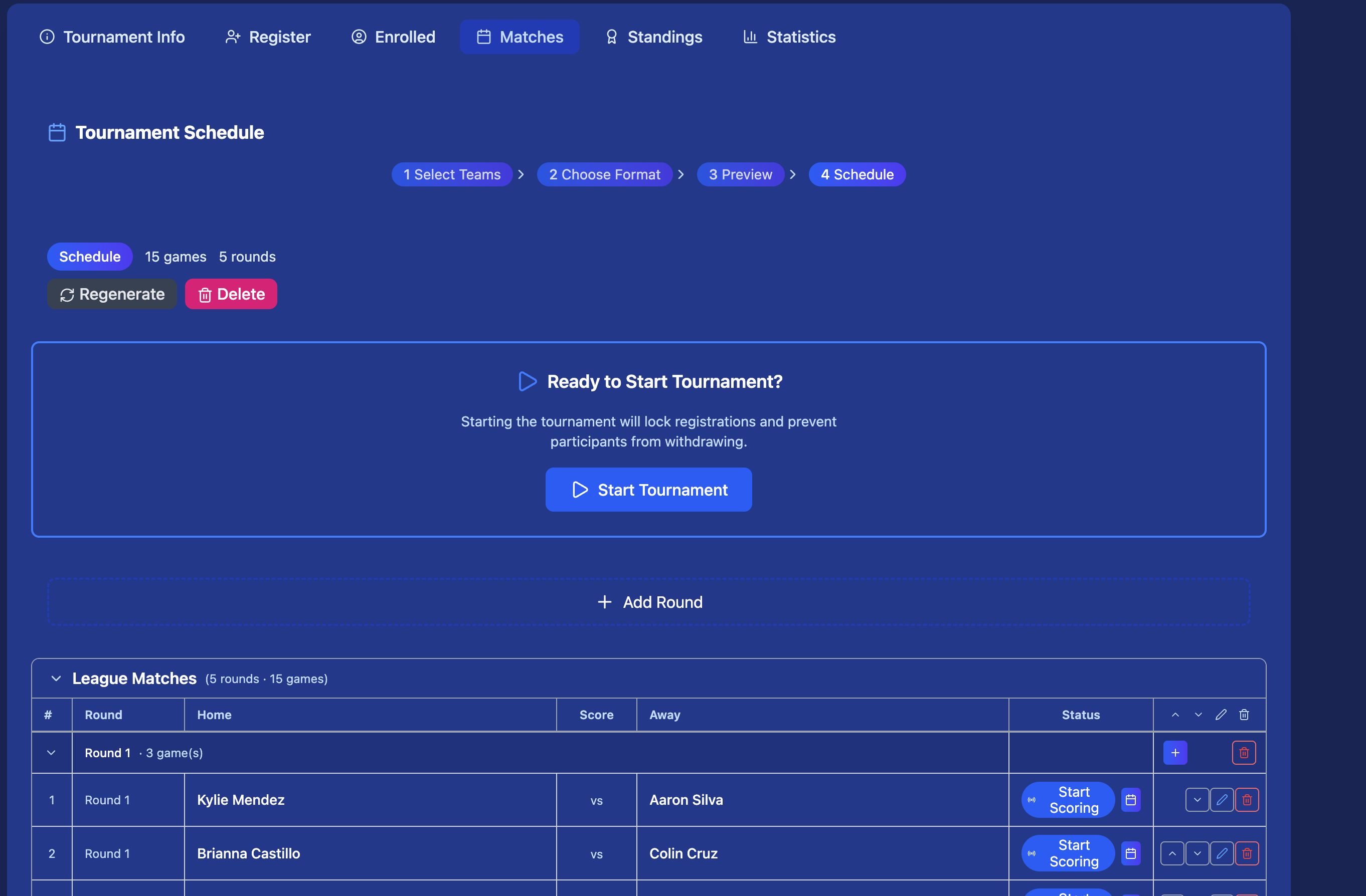 Schedule saved — Step 4 Schedule view with Ready to Start Tournament prompt and league matches listed by round