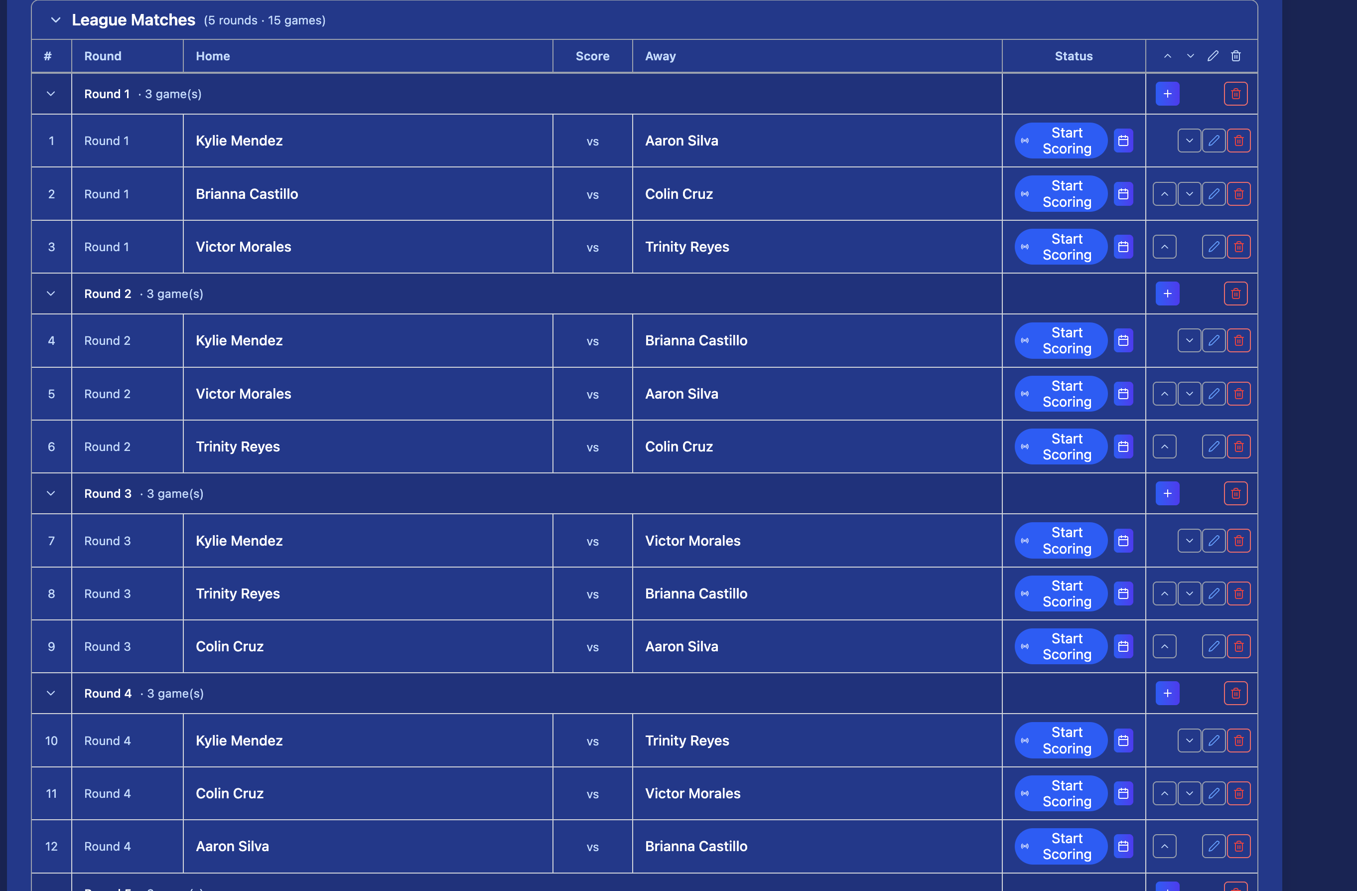 Full league matches list showing all rounds and match pairings with Start Scoring buttons