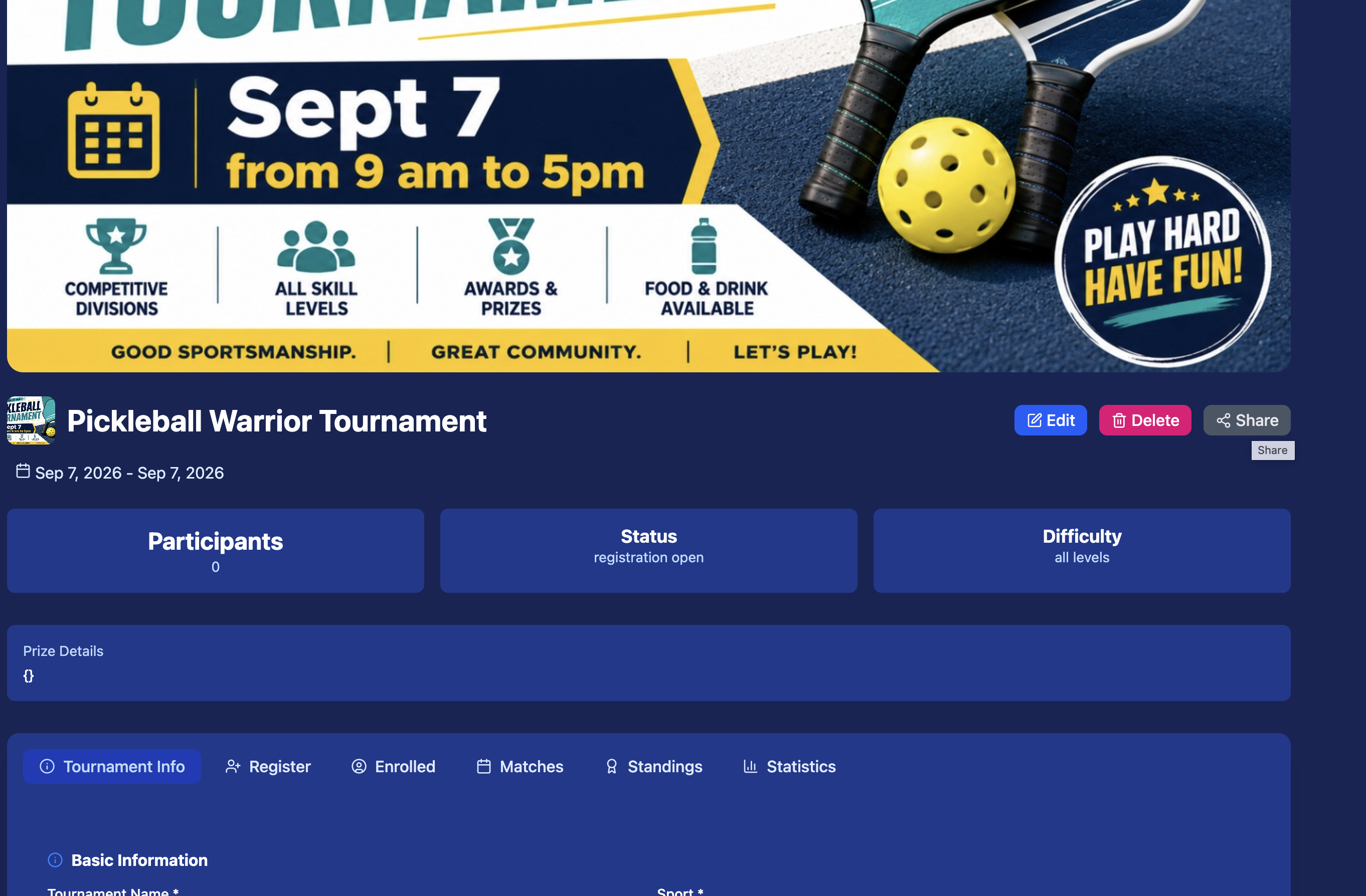 Tournament page showing the Share button in the top-right corner alongside Edit and Delete