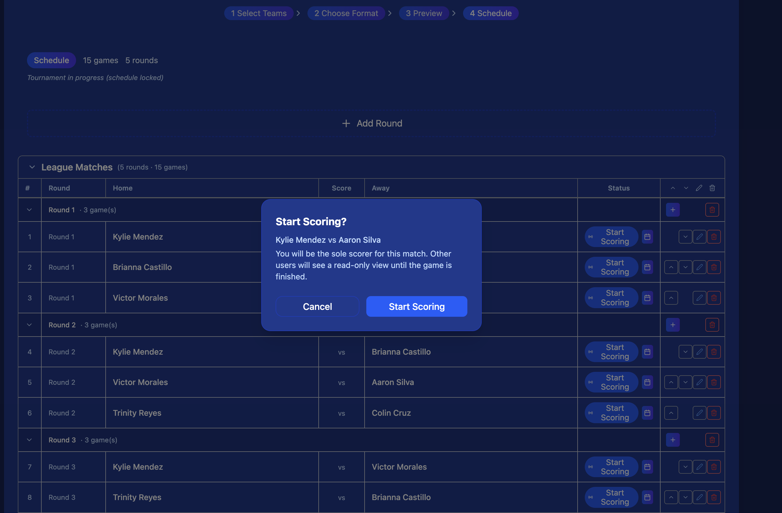 Start Scoring dialog for a match — shows match pairing and explains the scorer role