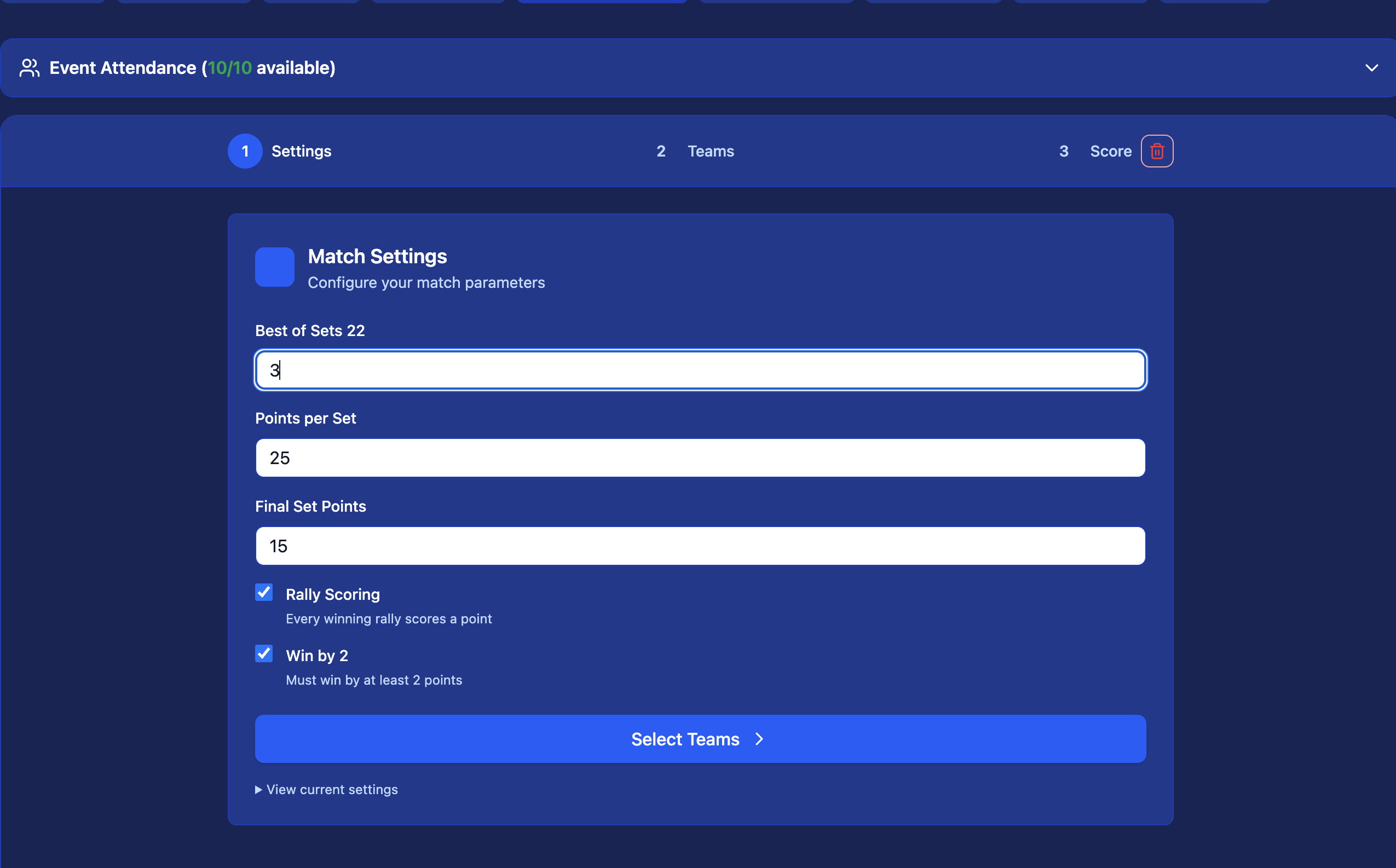 Match Settings screen — configure sets, points per set, rally scoring and win-by-2 options