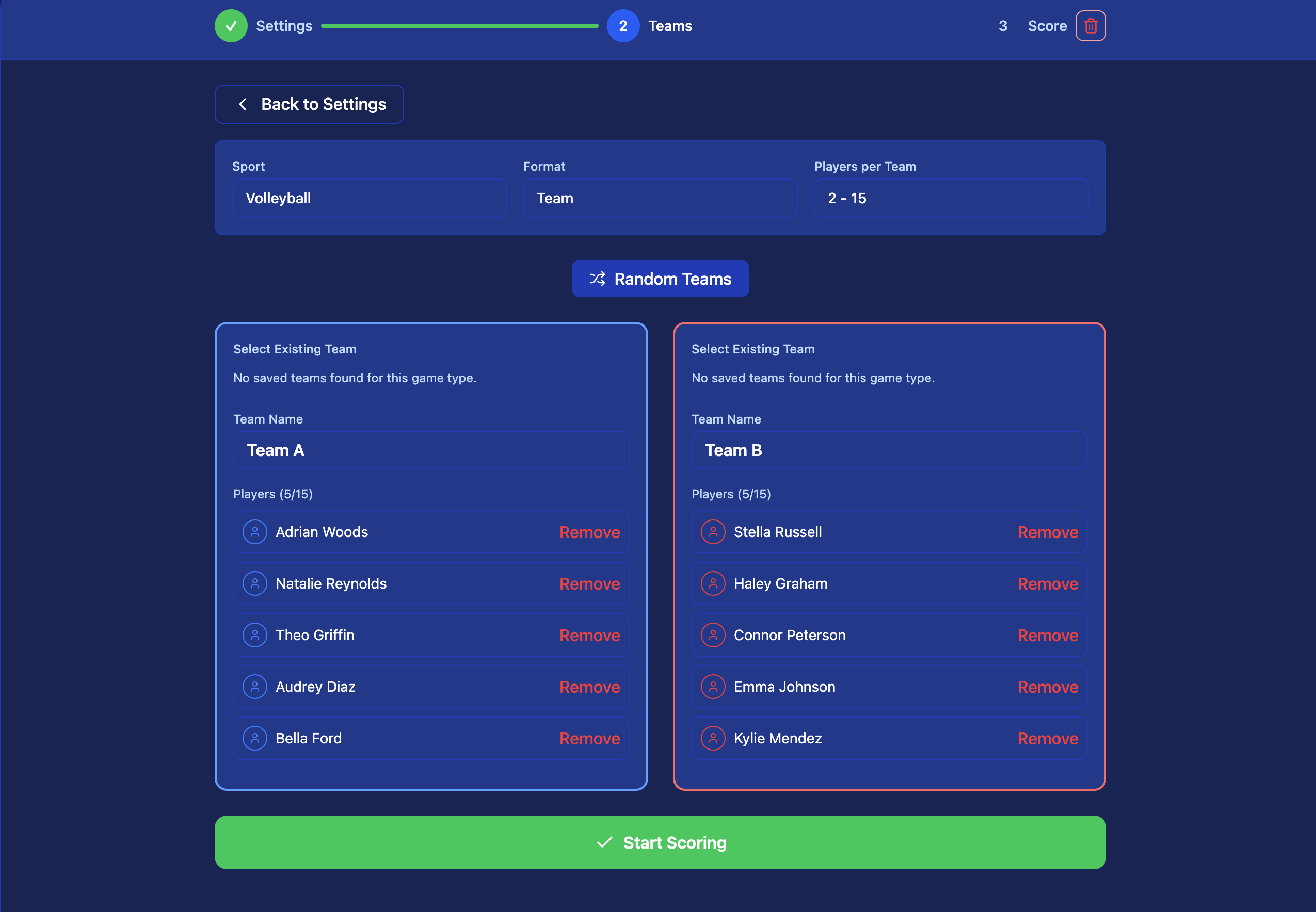 Team Selection screen — assign players to Team A and Team B with Random Teams option