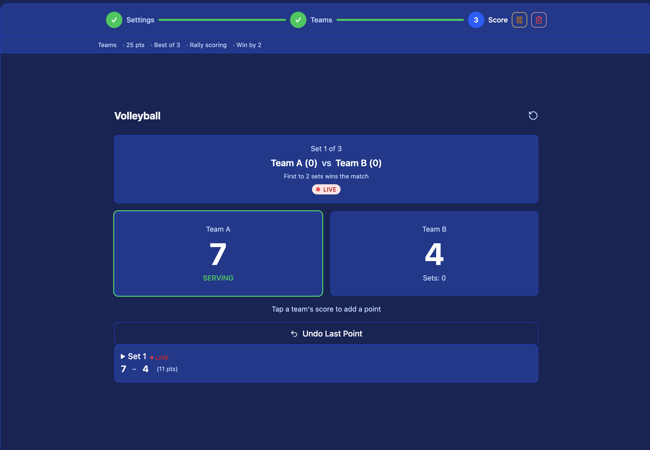Live Scoring screen — tap a team's score to add a rally point, serving indicator and undo button shown